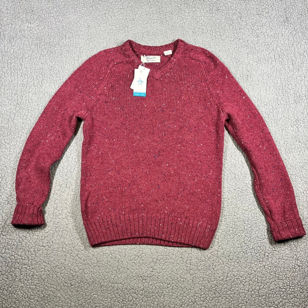 Original Penguin Mens Pomegranate Red Speckled V-Neck Sweater OPGF6034OP Small